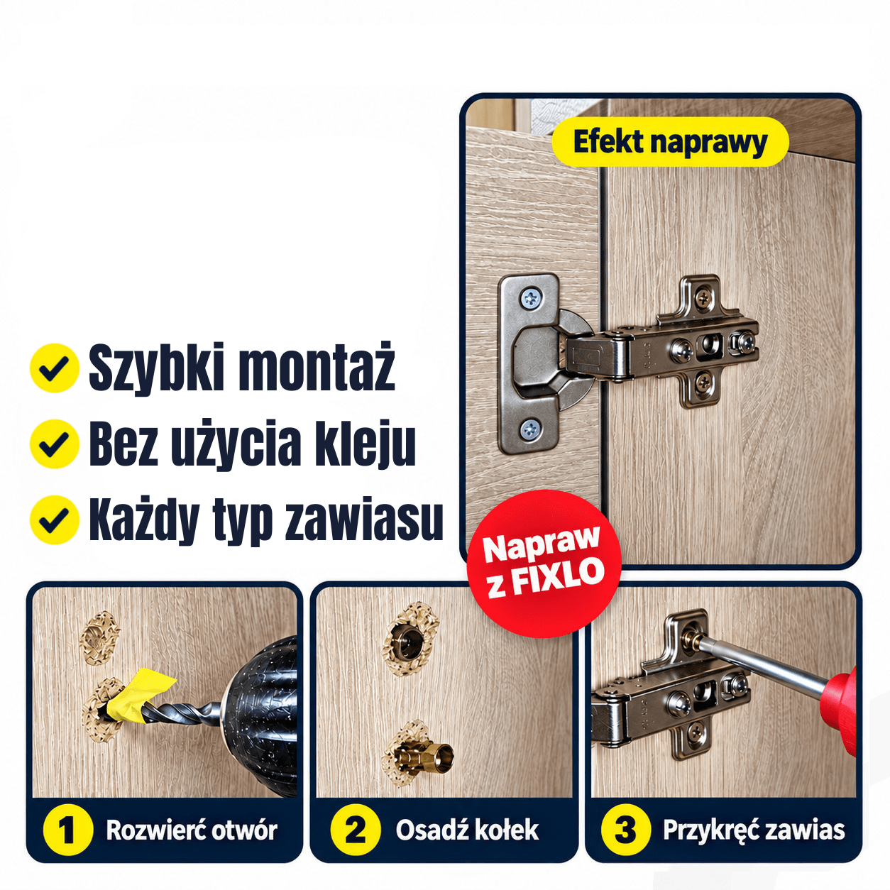FIXLO – naprawia wyrwane zawiasy w meblach