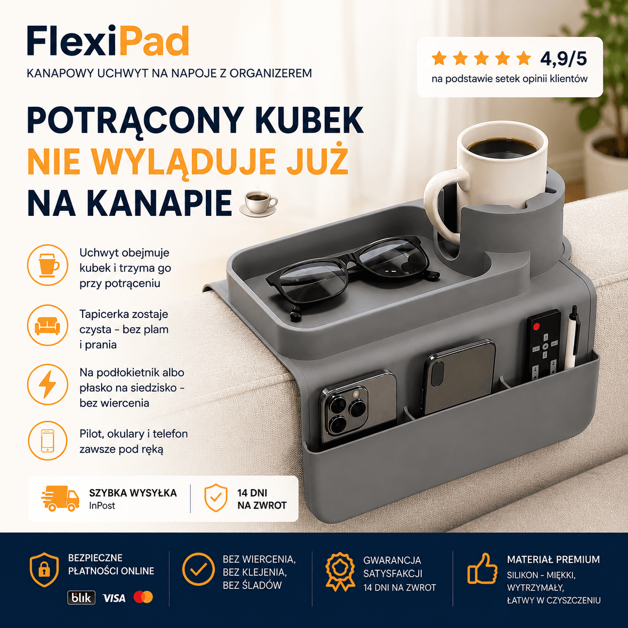 FlexiPad - kanapowy uchwyt na napoje z organizerem