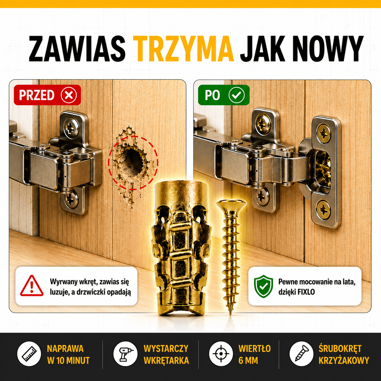 FIXLO – naprawia wyrwane zawiasy meblowe 10+10 szt. GRATIS